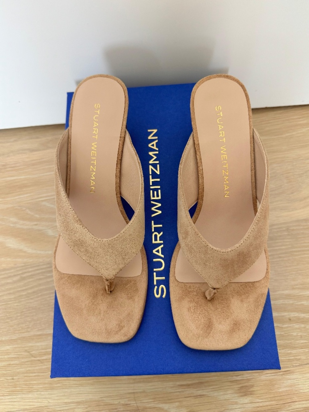 Stuart Weitzman Stassi Thong 50 New Camel Suede Heeled Sandals Size 7